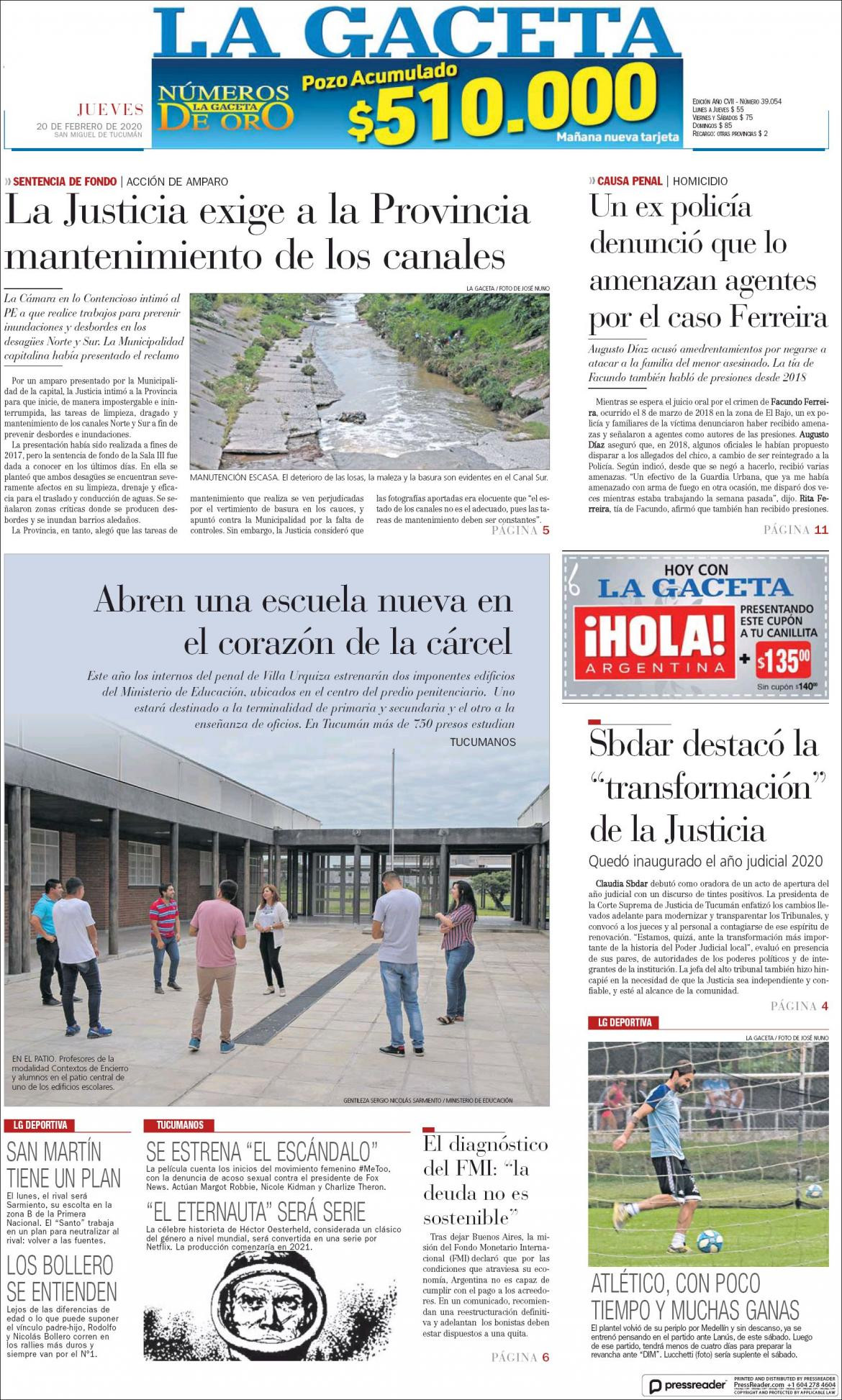 Tapa de diarios, La Gaceta, jueves 20 de febrero de 2020