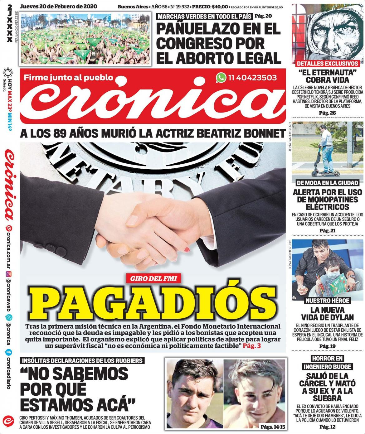 Tapa de diarios, Crónica, jueves 20 de febrero de 2020