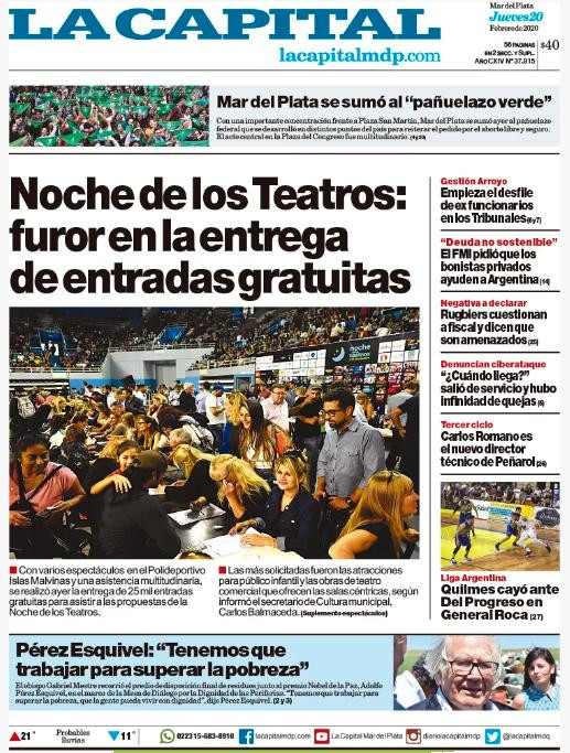 Tapa de diarios, La Capital de Mar del Plata, jueves 20 de febrero de 2020