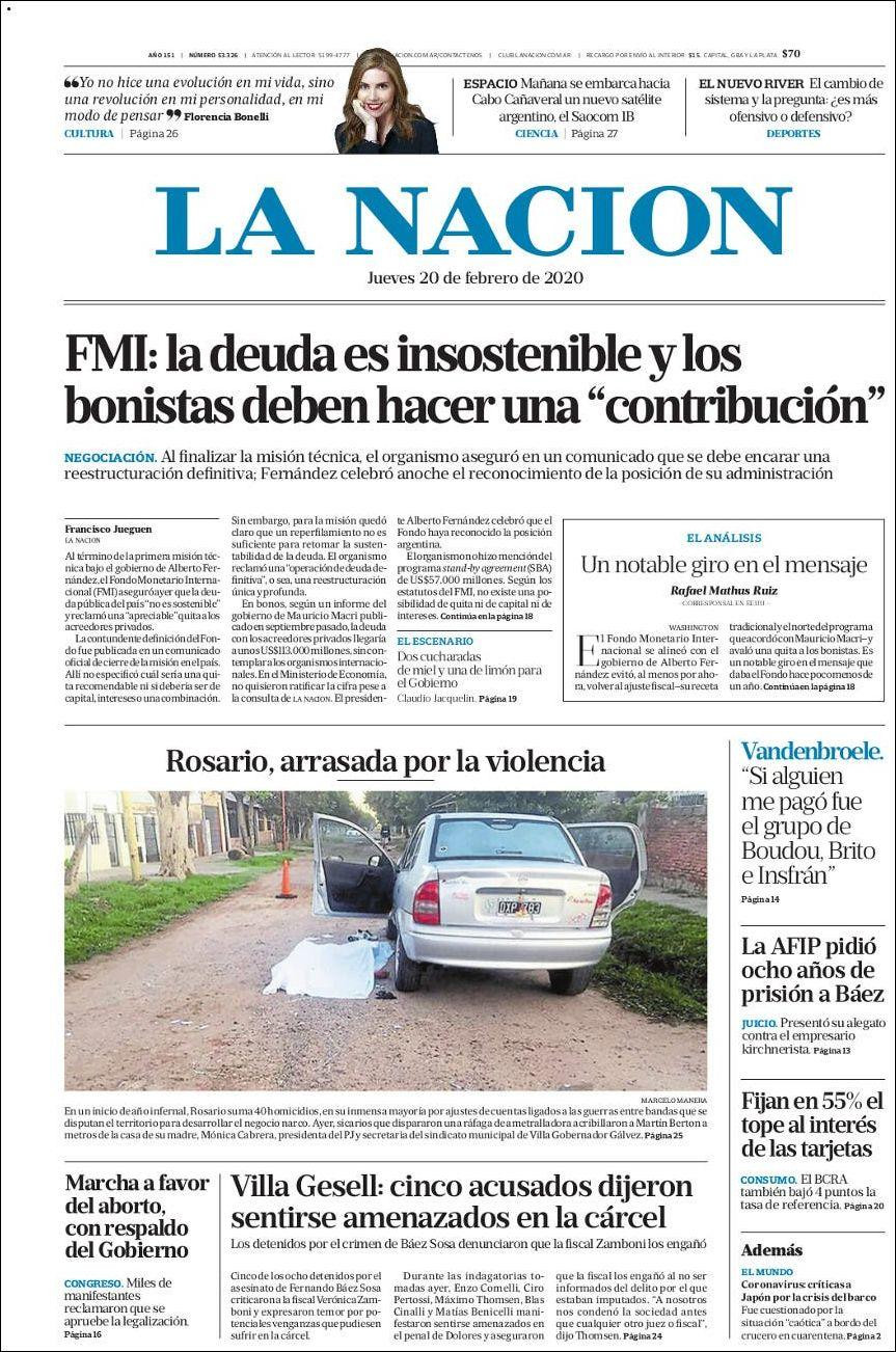 Tapa de diarios, La Nación, jueves 20 de febrero de 2020