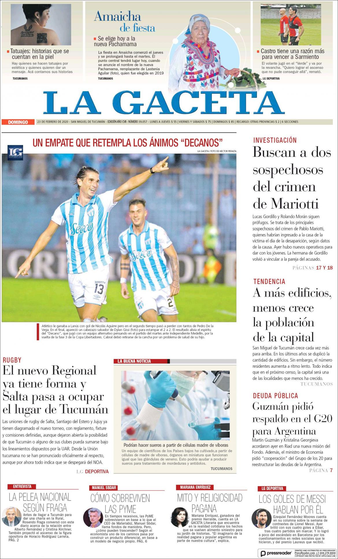 Tapas de diarios, La Gaceta, domingo 23 de febrero de 2020