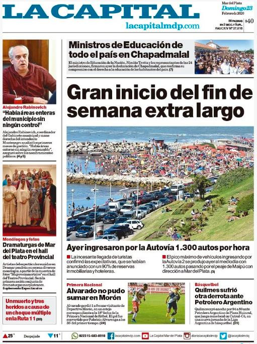 Tapas de diarios, La Capital de Mar del Plata, domingo 23 de febrero de 2020