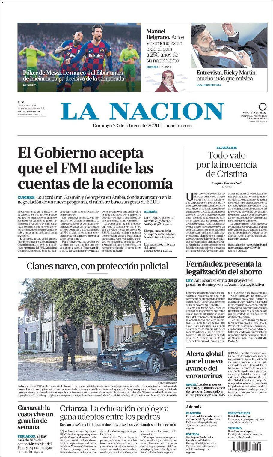 Tapas de diarios, La Nación, domingo 23 de febrero de 2020