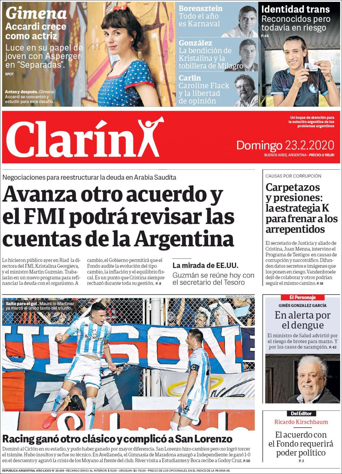 Tapas de diarios, Clarin, domingo 23 de febrero de 2020