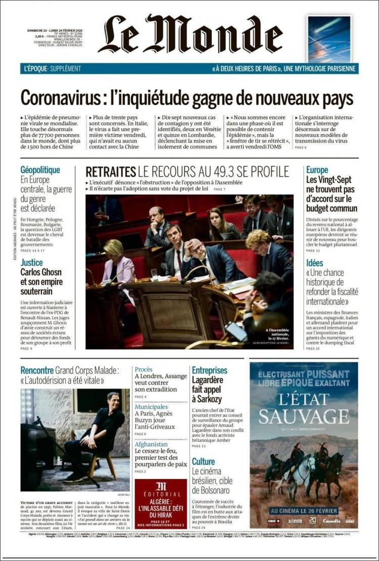 Tapa Le Monde, lunes 24 de febrero de 2020