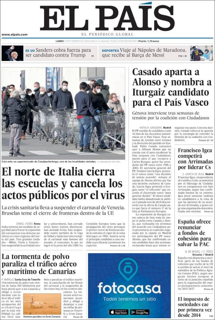 Tapa El País, lunes 24 de febrero de 2020