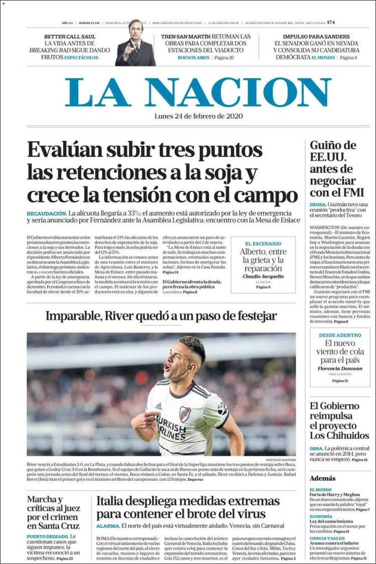 Tapa La Nación, lunes 24 de febrero de 2020