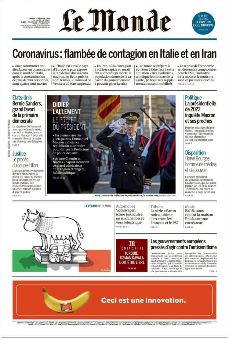 Tapa diarios, Le Monde, martes 25 de febrero de 2020|