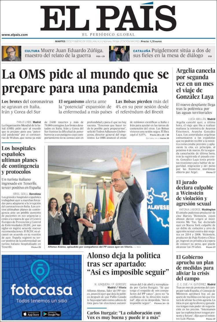Tapa diarios, El País, martes 25 de febrero de 2020|