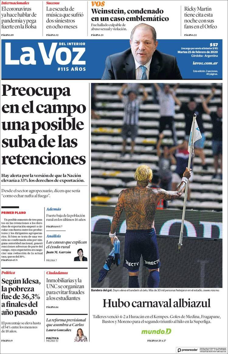 Tapa diarios, La Voz, martes 25 de febrero de 2020|