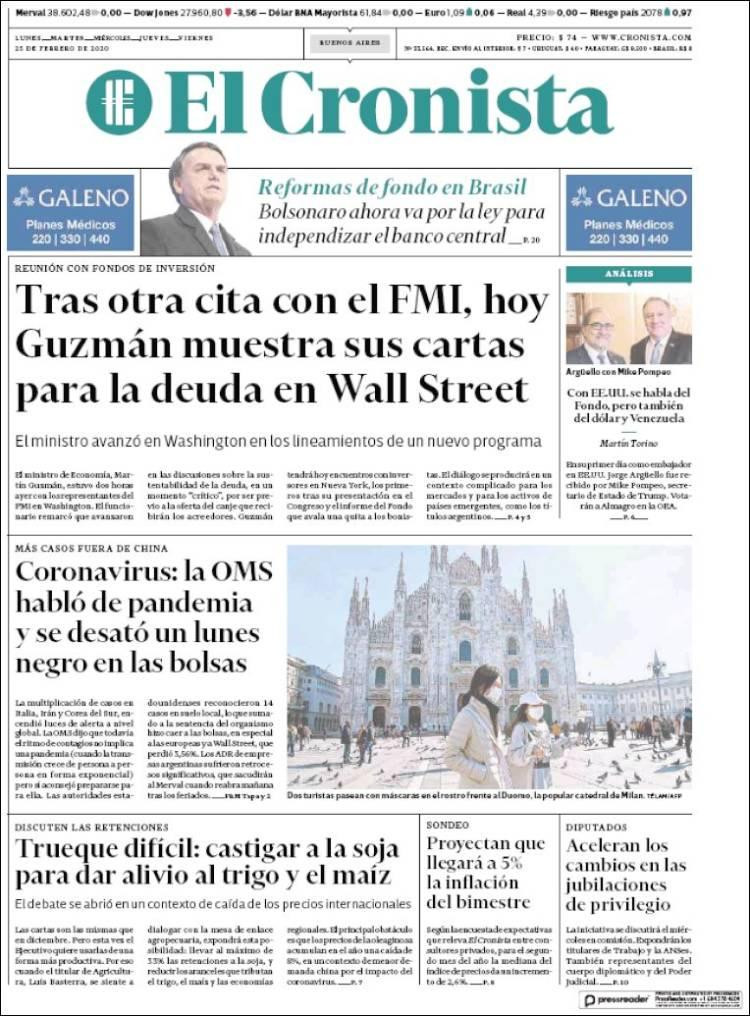 Tapa diarios, El Cronista, martes 25 de febrero de 2020|