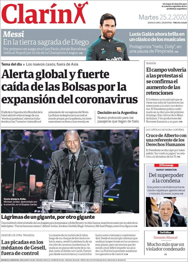 Tapa diarios, Clarín, martes 25 de febrero de 2020|