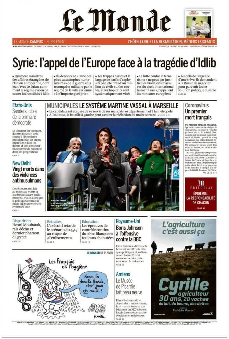 Tapas de diarios, Le Monde, jueves 27 de febrero de 2020