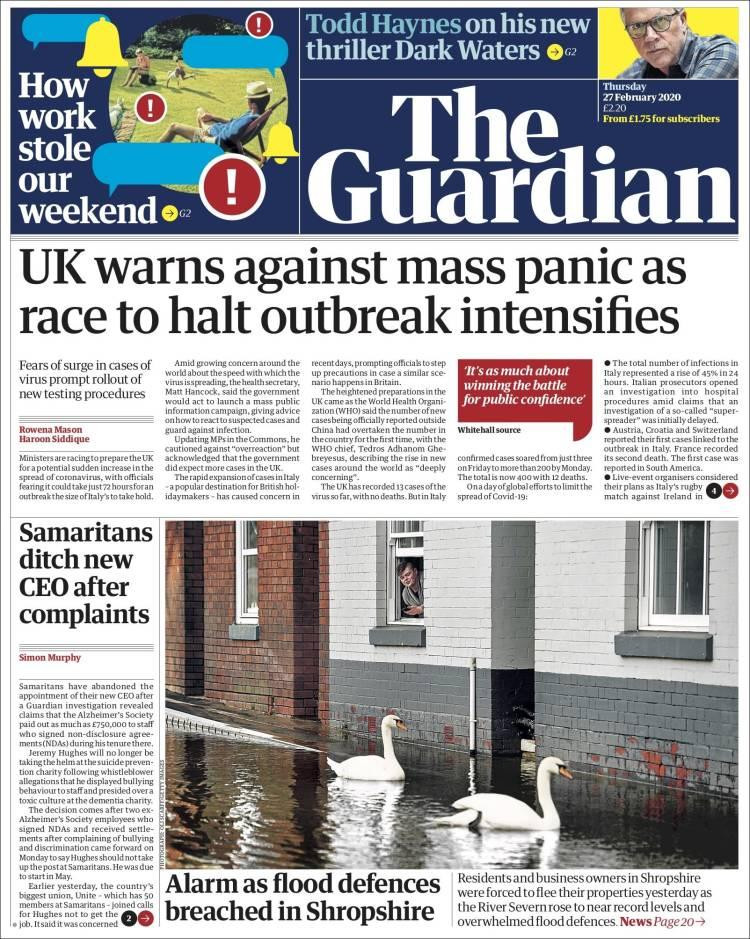Tapas de diarios, Guardian, jueves 27 de febrero de 2020