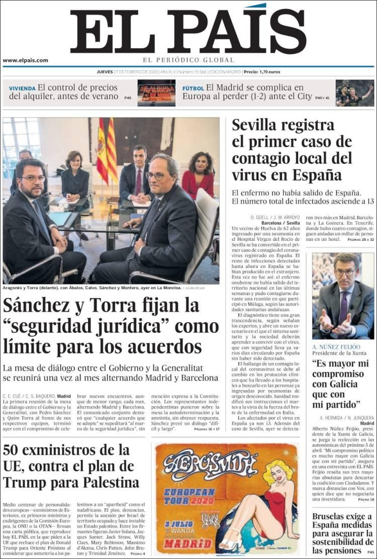 Tapas de diarios, El País, jueves 27 de febrero de 2020
