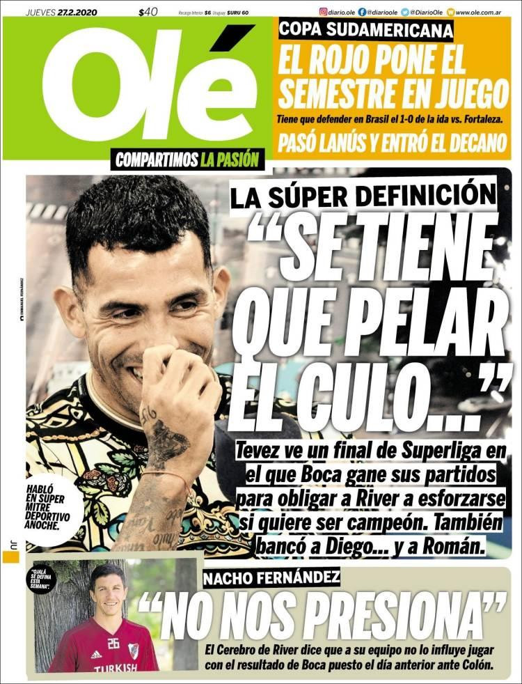 Tapas de diarios, Olé, jueves 27 de febrero de 2020