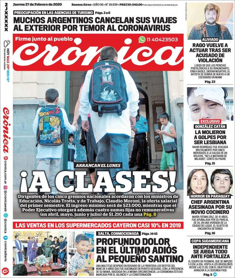 Tapas de diarios, Crónica, jueves 27 de febrero de 2020
