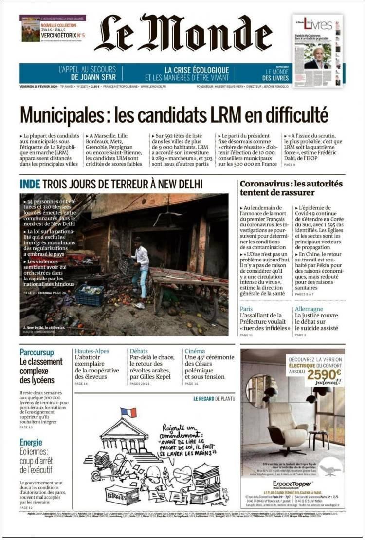 Tapas de diarios, Le Monde, viernes 28 de febrero de 2020