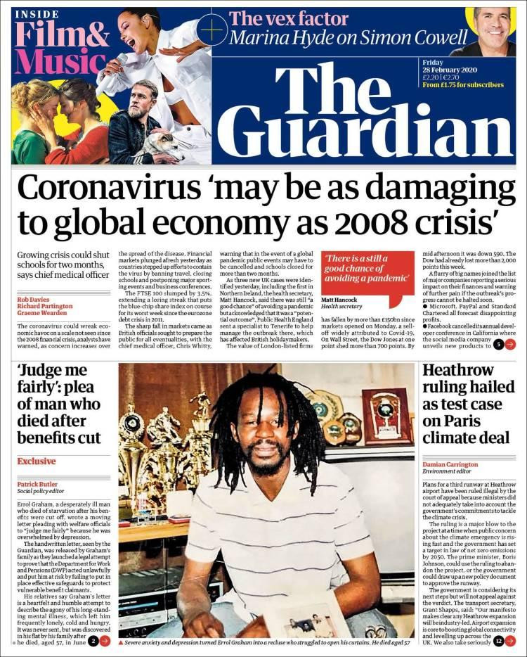 Tapas de diarios, Guardian, viernes 28 de febrero de 2020