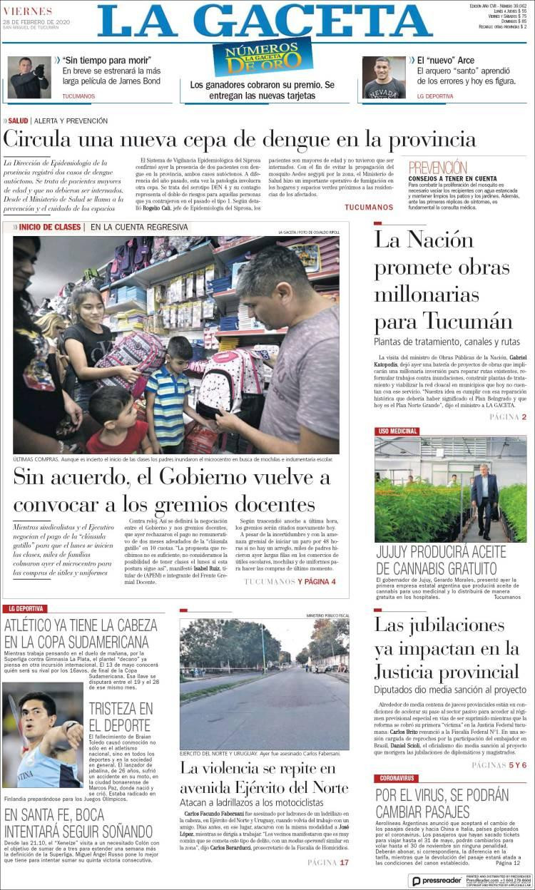 Tapas de diarios, La Gaceta, viernes 28 de febrero de 2020