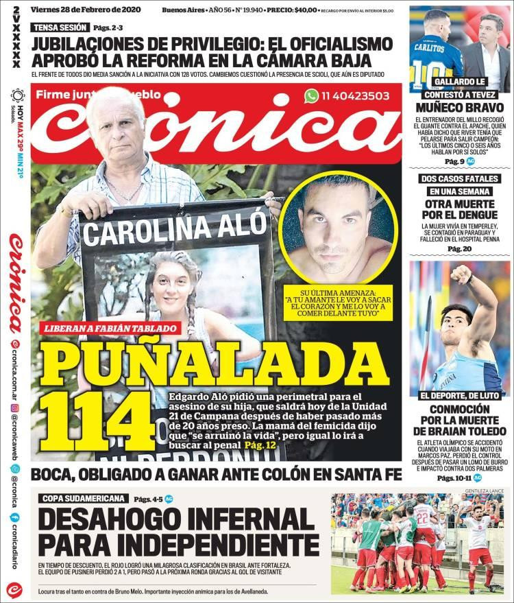 Tapas de diarios, Crónica, viernes 28 de febrero de 2020