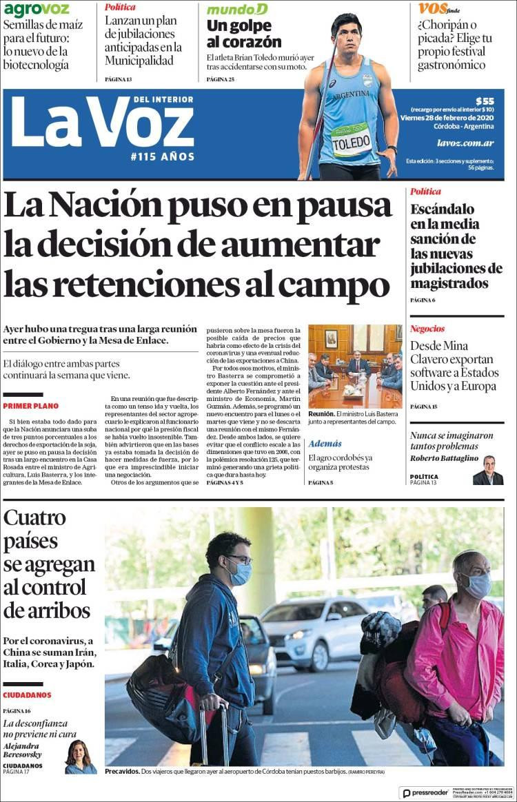 Tapas de diarios, La Voz, viernes 28 de febrero de 2020