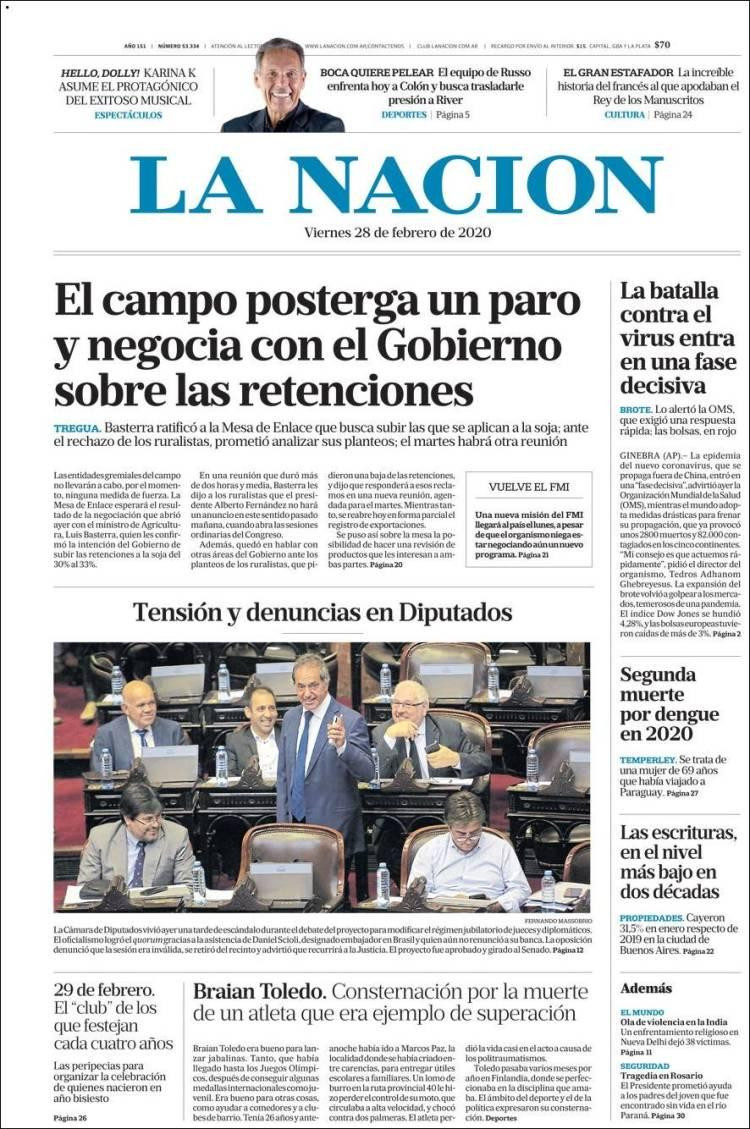 Tapas de diarios, La Nación, viernes 28 de febrero de 2020