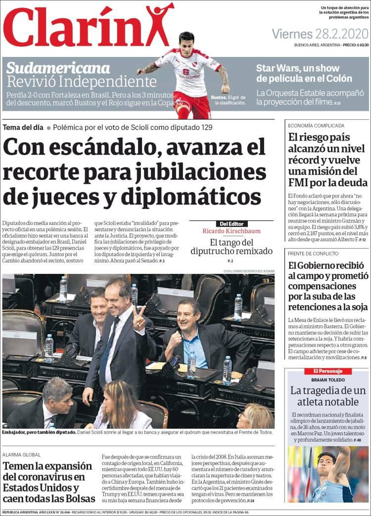 Tapas de diarios, Clarín, viernes 28 de febrero de 2020