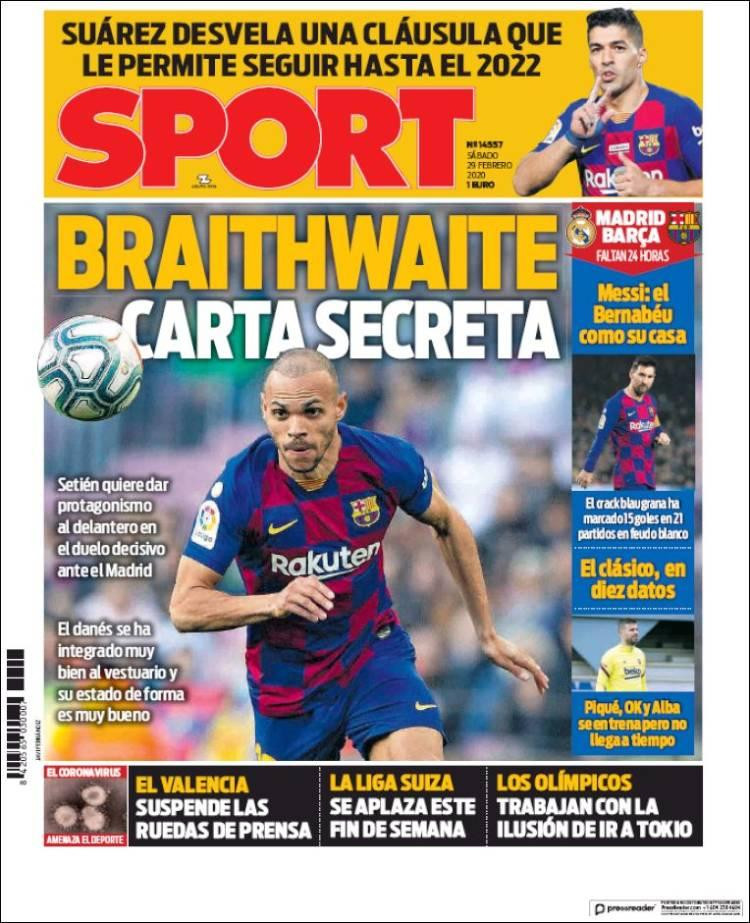 Tapas de diarios, Sport de España, sábado 29 de febrero de 2020