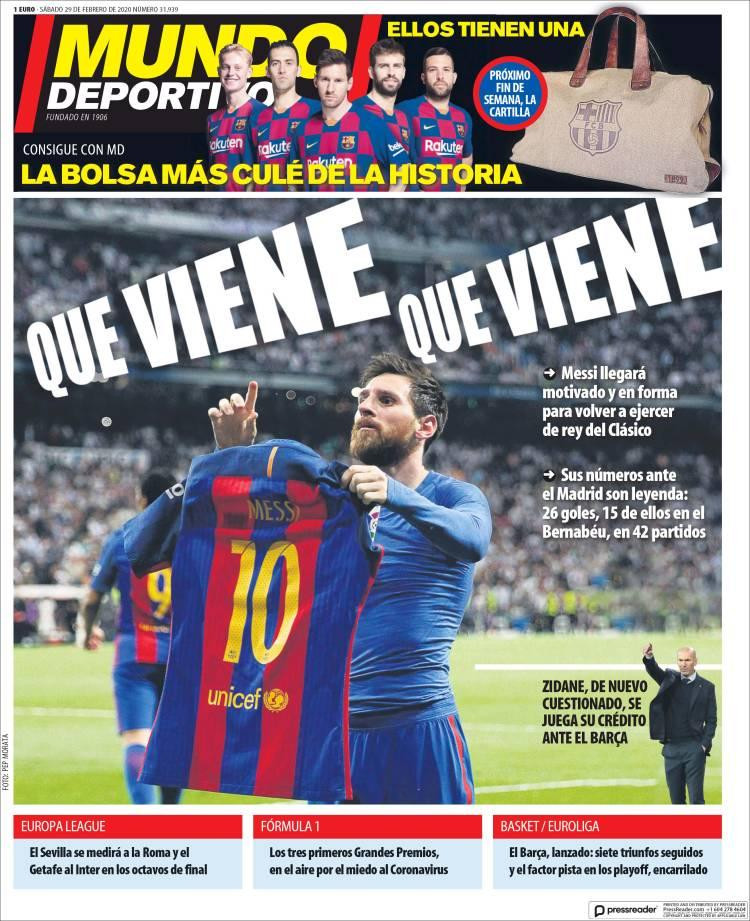 Tapas de diarios, Mundo Deportivo de España, sábado 29 de febrero de 2020