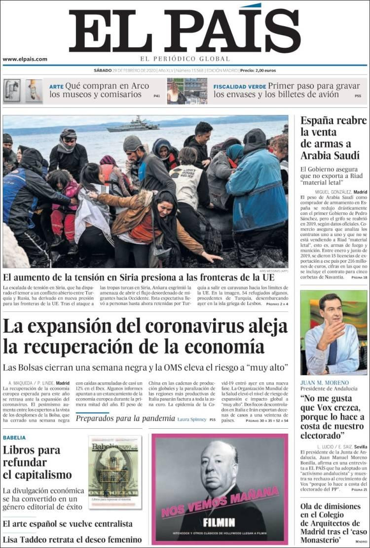 Tapas de diarios, El Pais de España, sábado 29 de febrero de 2020