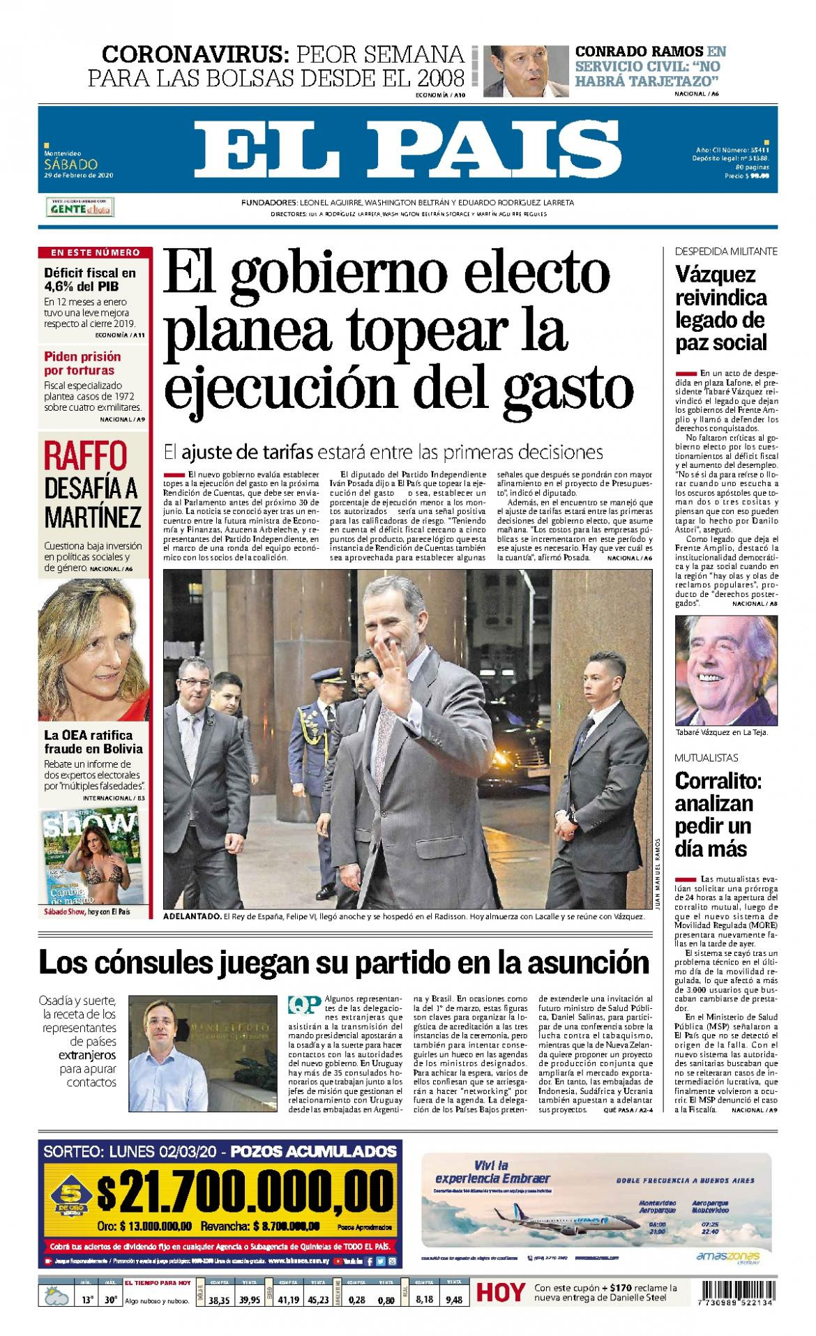 Tapas de diarios, El Pais de Uruguay, sábado 29 de febrero de 2020