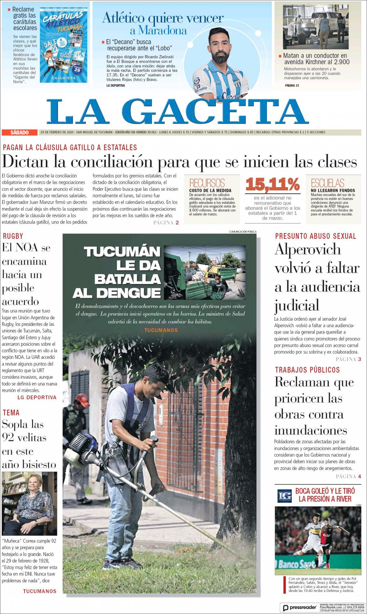 Tapas de diarios, La Gaceta, sábado 29 de febrero de 2020