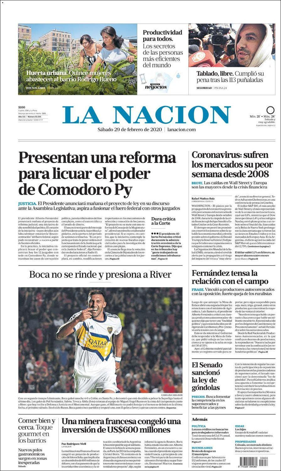 Tapas de diarios, La Nación, sábado 29 de febrero de 2020