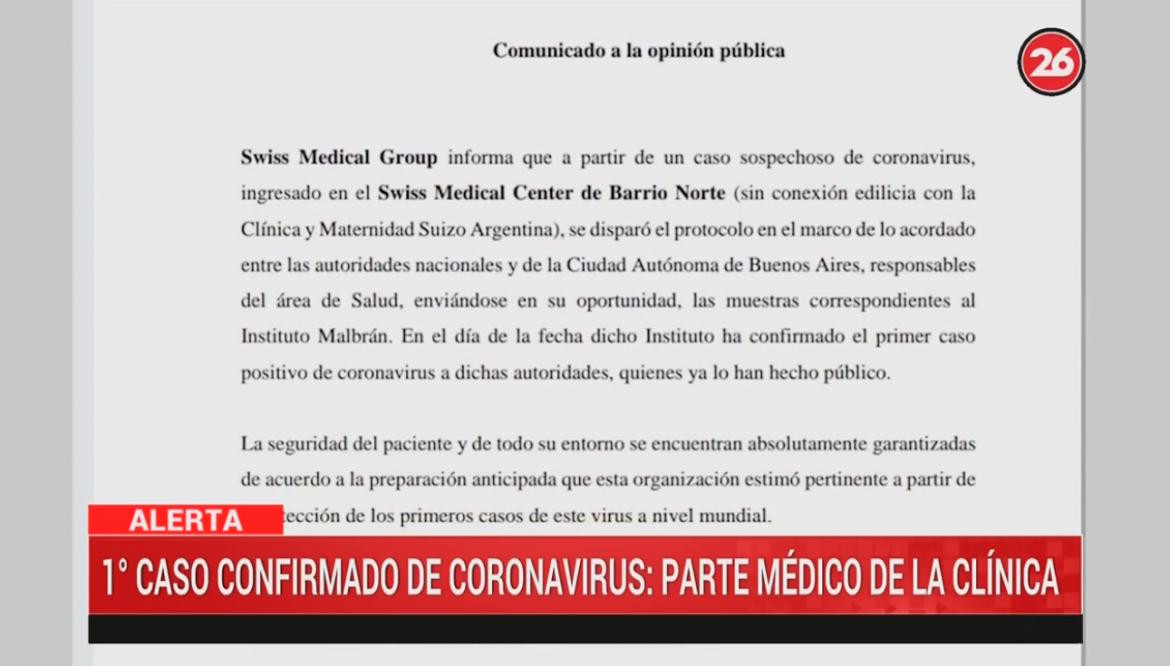 Parte médico de hombre con Coronavirus en Argentina, CANAL 26
