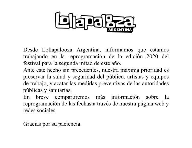 Comunicado oficial del Lollapalloza Argentina ante la pandemia de Coronavirus