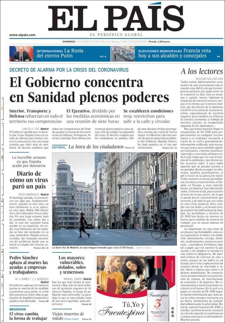 Tapas de diarios, El País, domingo 15 de marzo de 2020