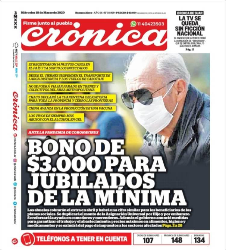 Tapa de diarios, Crónica, miércoles 18 de marzo de 2020