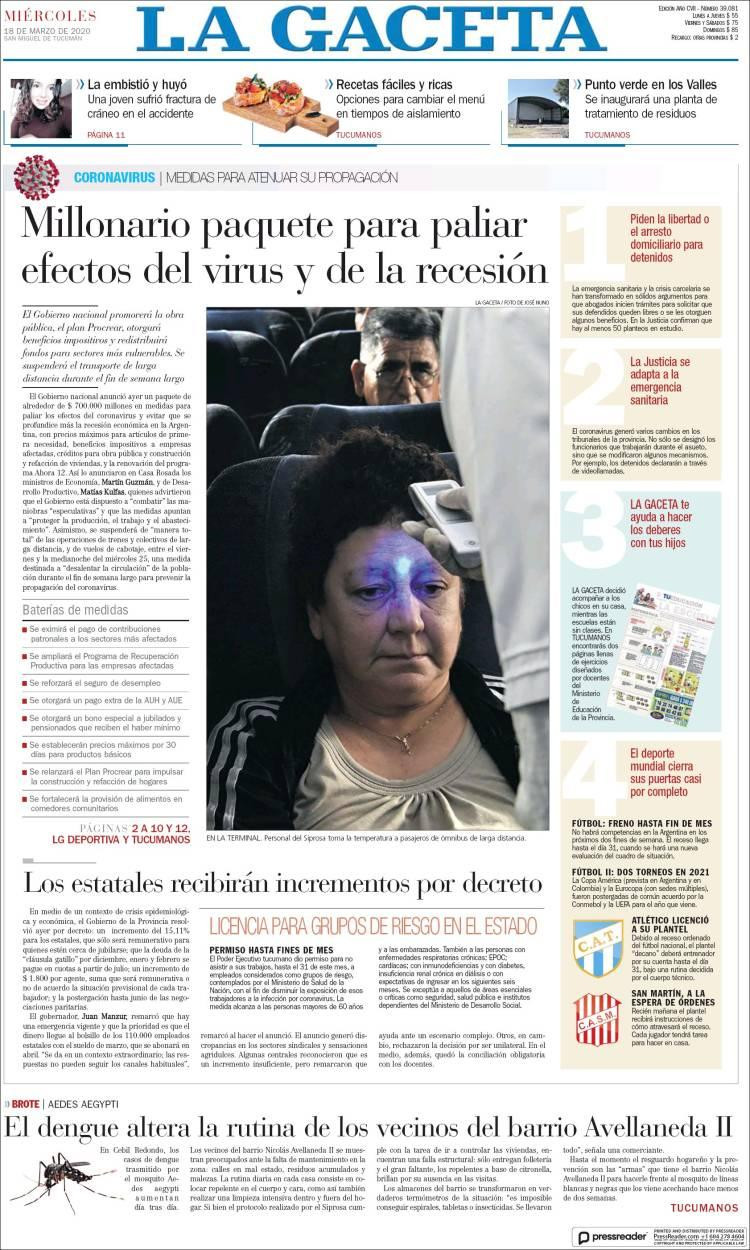 Tapa de diarios, La Gaceta, miércoles 18 de marzo de 2020