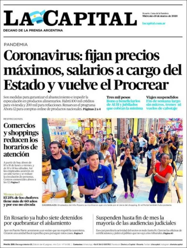 Tapa de diarios, La Capital, miércoles 18 de marzo de 2020