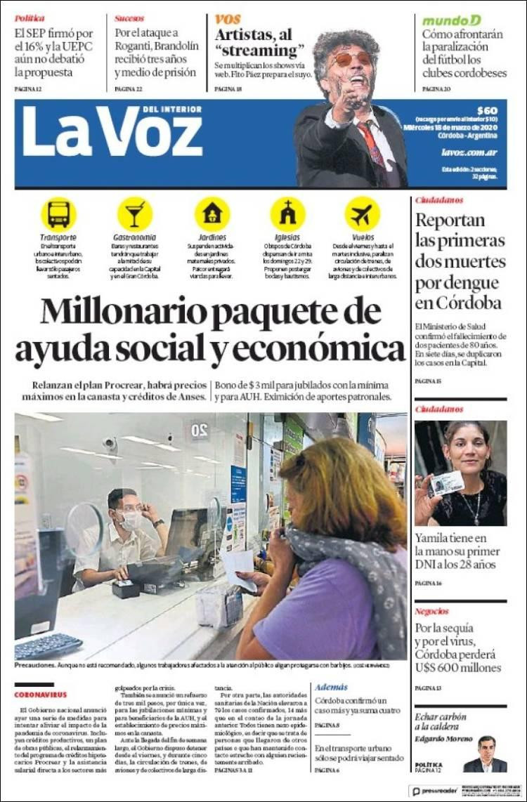 Tapa de diarios, La Voz, miércoles 18 de marzo de 2020