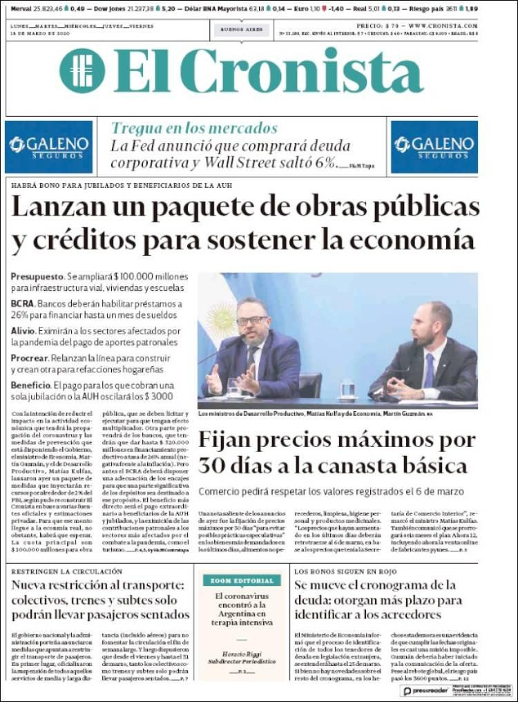 Tapa de diarios, El Cronista, miércoles 18 de marzo de 2020