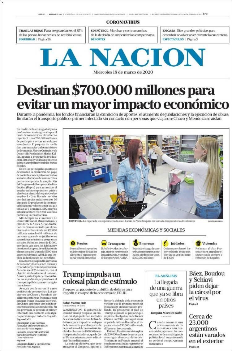 Tapa de diarios, La Nación, miércoles 18 de marzo de 2020