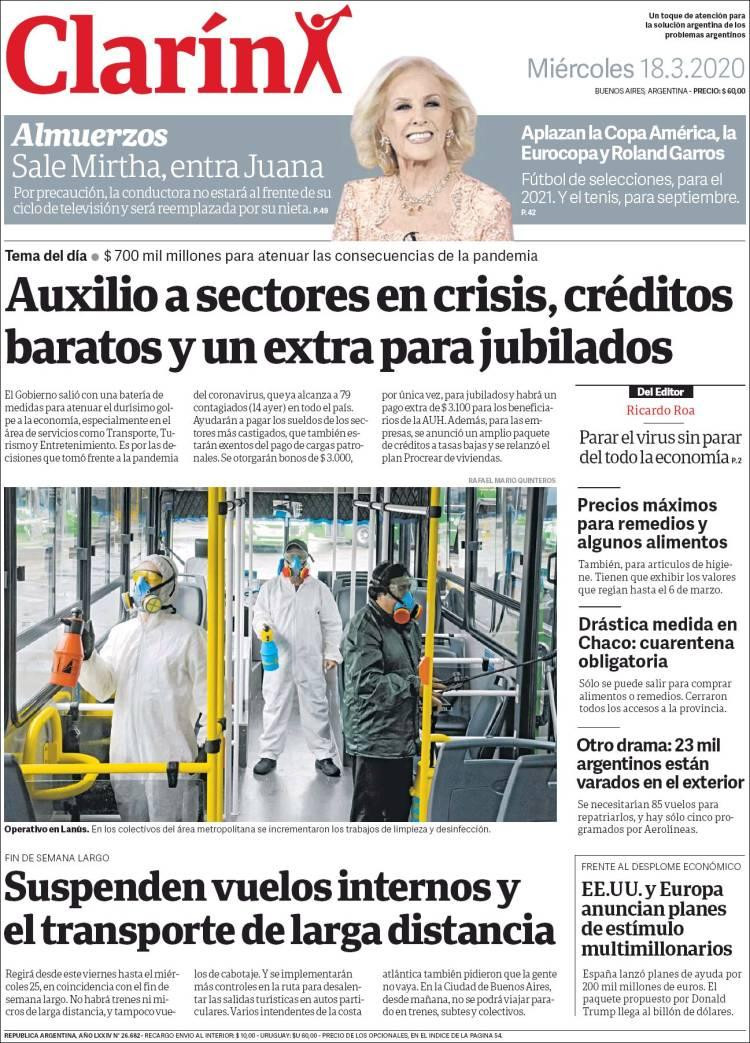 Tapa de diarios, Clarín, miércoles 18 de marzo de 2020