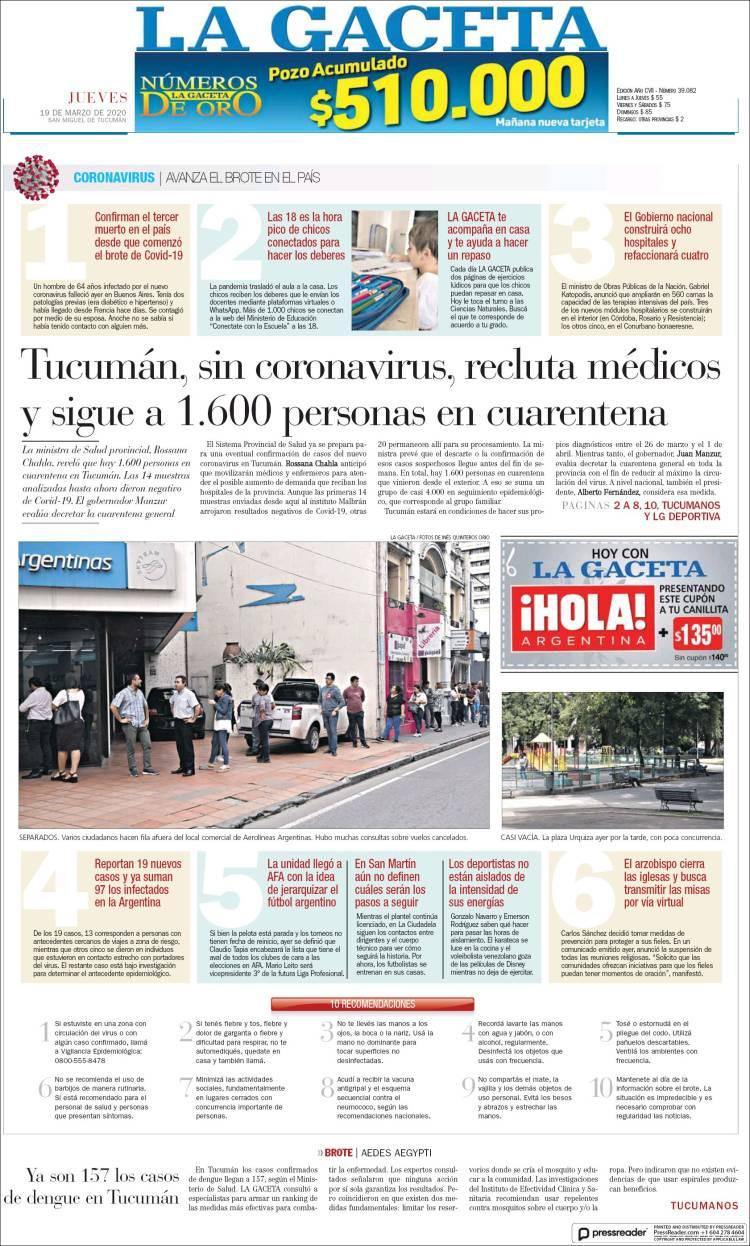 Tapas de diarios, La Gaceta jueves 19 de marzo de 2020