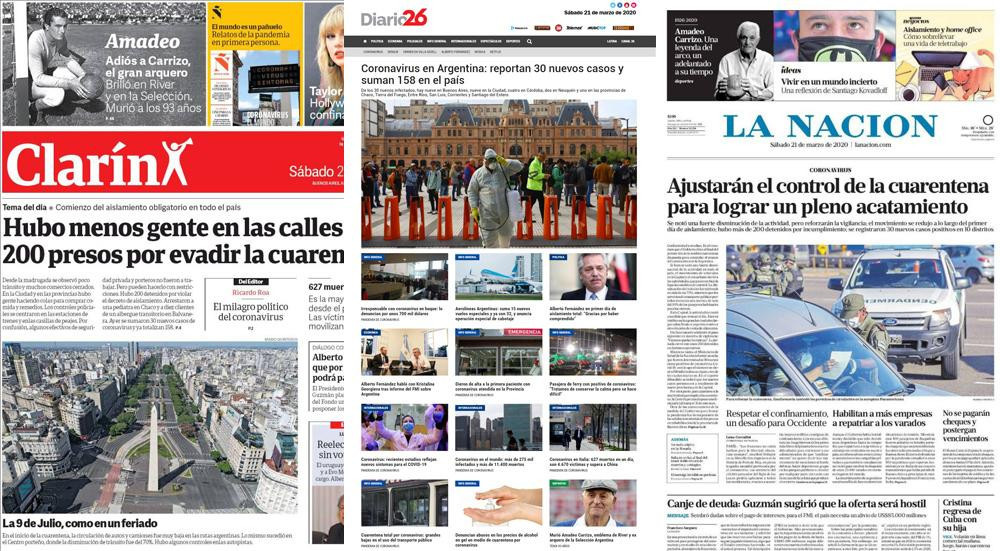 Tapas de diarios argentinos, 21 de marzo de 2020