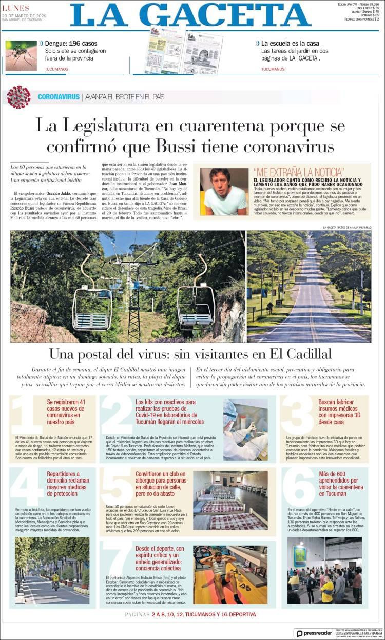 Tapas de diarios, La Gaceta, lunes 23 de marzo de 2020