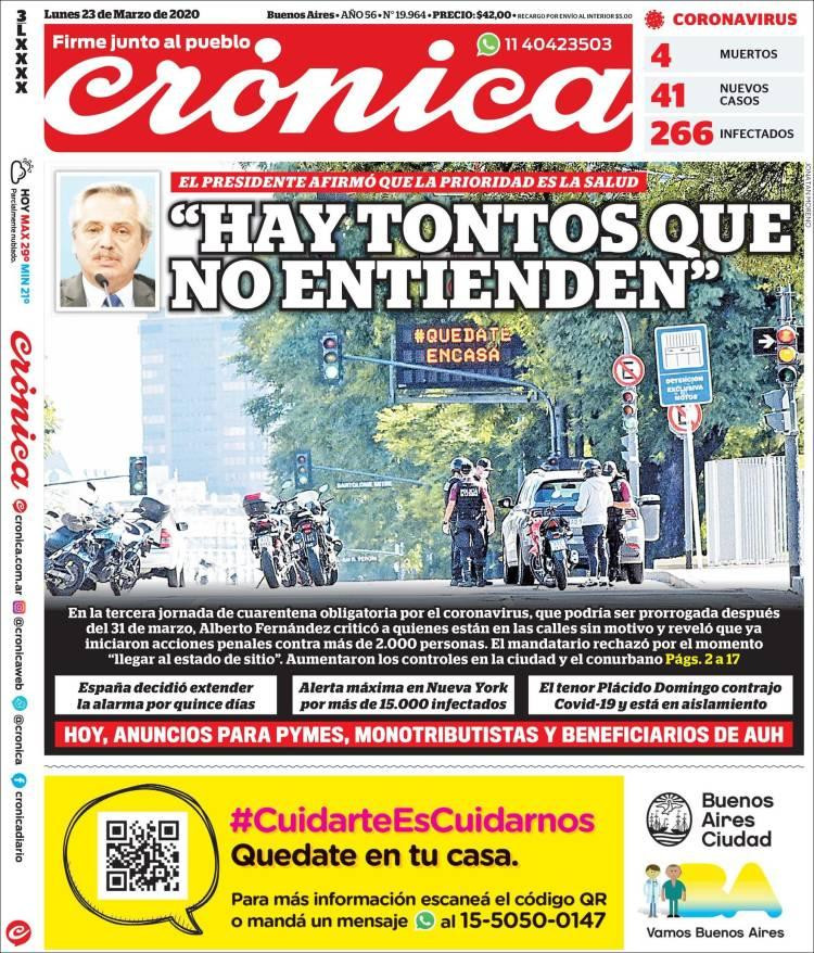 Tapas de diarios, Crónica, lunes 23 de marzo de 2020