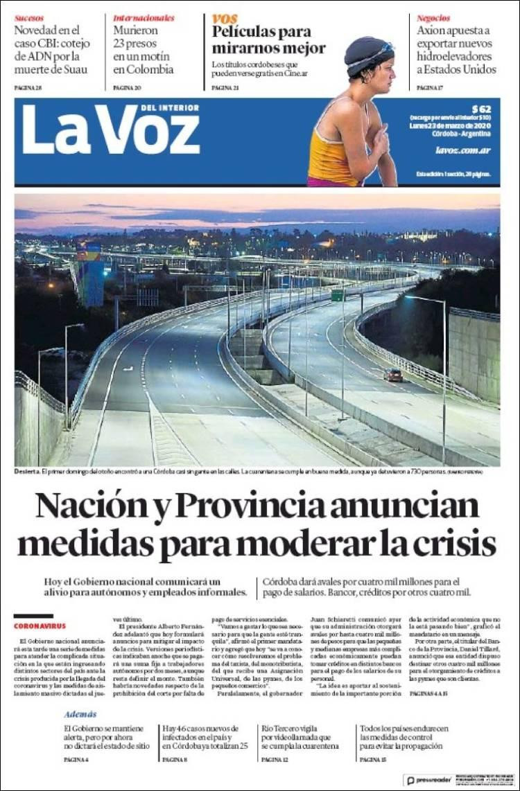 Tapas de diarios, La Voz, lunes 23 de marzo de 2020