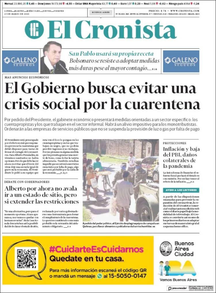 Tapas de diarios, El Cronista, lunes 23 de marzo de 2020